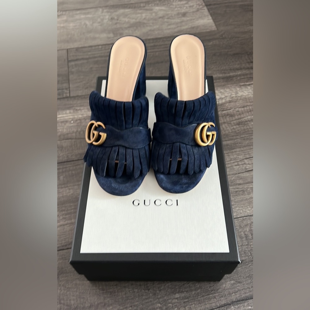 Gucci Marmont mid heel slide sandals.